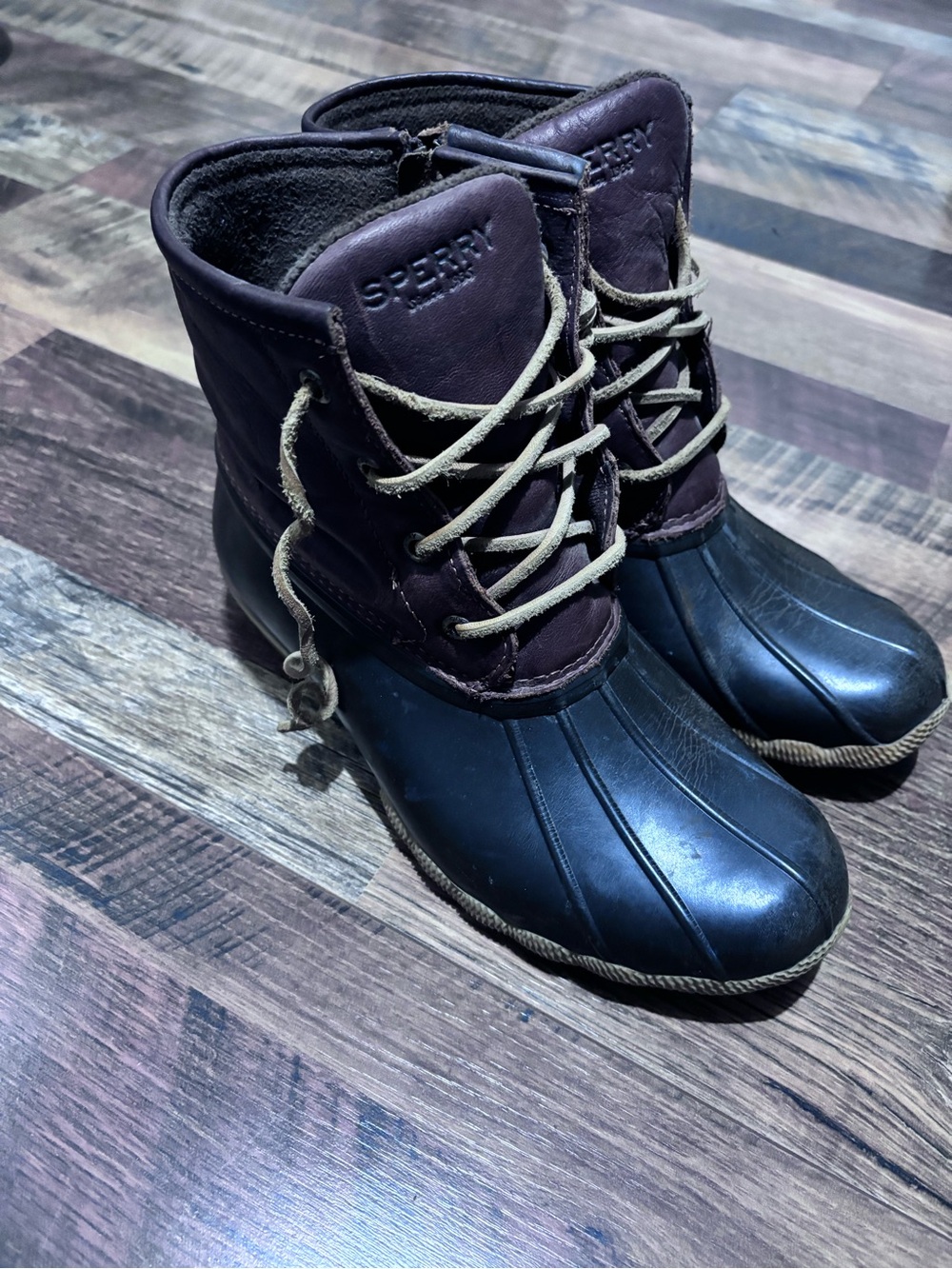 Sperry Black Rubber & Brown Leather Lace-Up Duck Boots